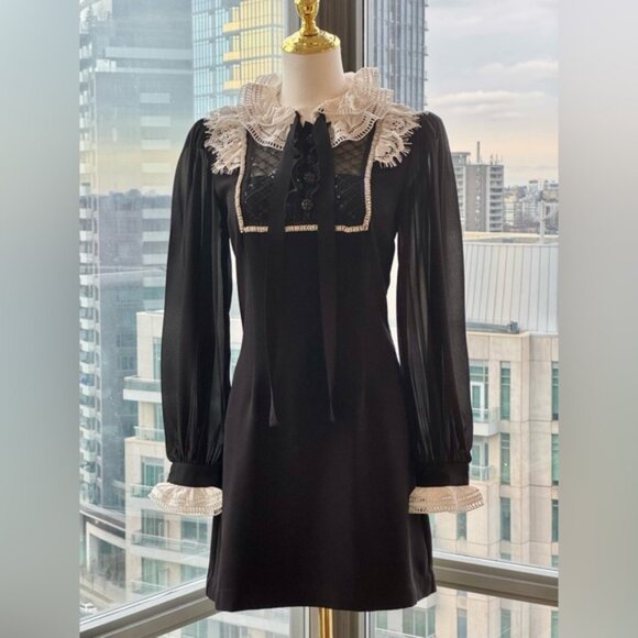 🆕 SELF-PORTRAIT 🧿 NWOT Diamante Trim Mini Dress, Black - Sz US 4 UK 8 - Picture 5 of 15